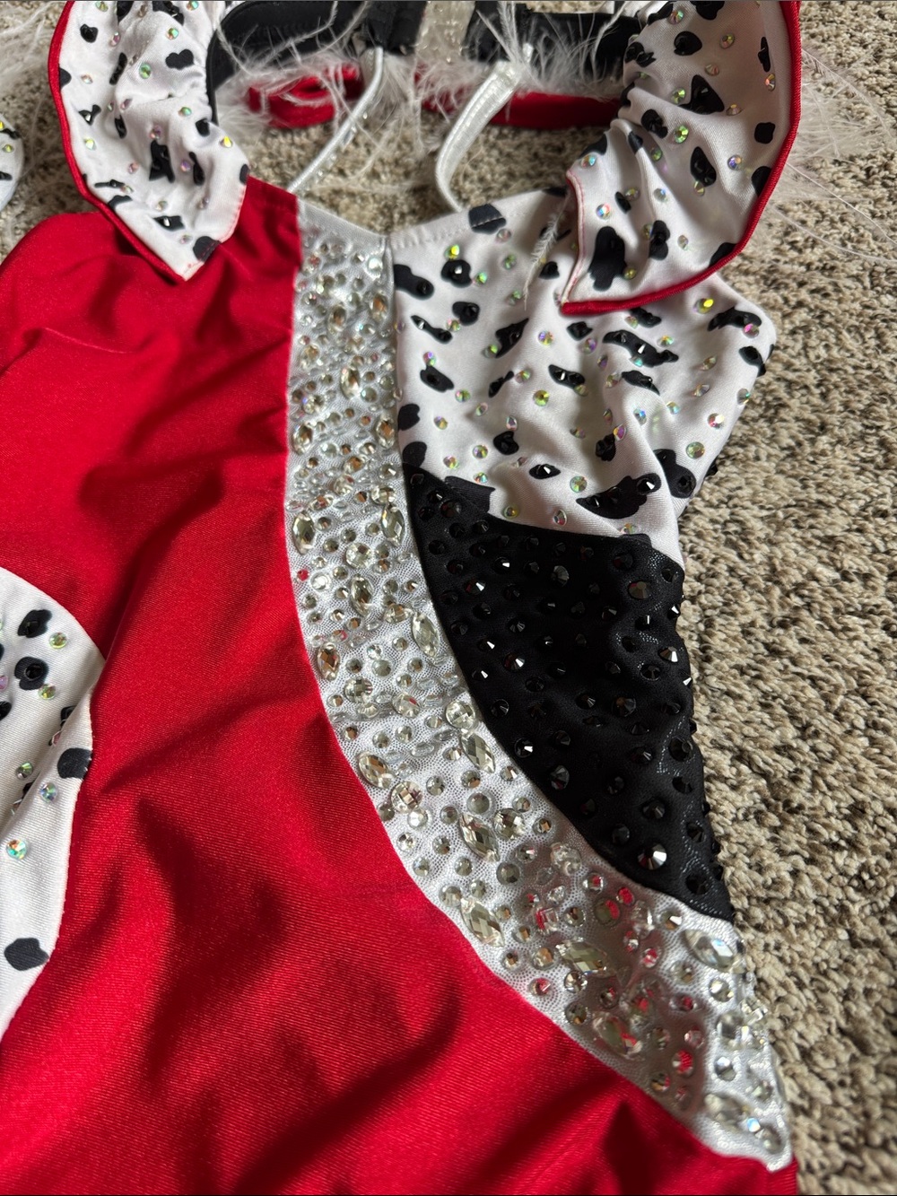 Glamour Costumes Red and Dalmatian Print Dance Leotard w/ Feathers style 24-200 - Picture 2 of 11
